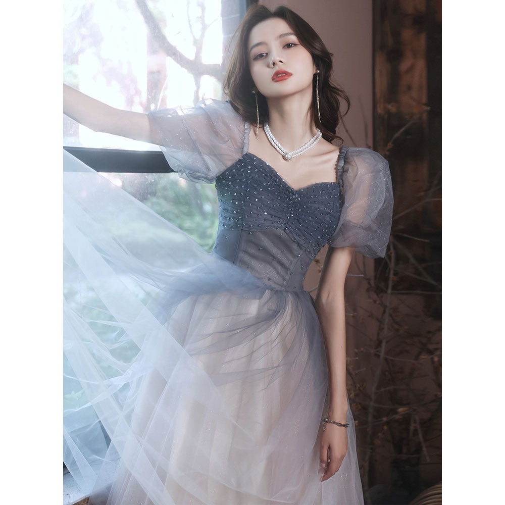 Elegant Gradient A-Line Tulle Prom Dress with Puff Sleeves - Shiny Long Evening Gown for Homecoming, Wedding, Party | Style 590