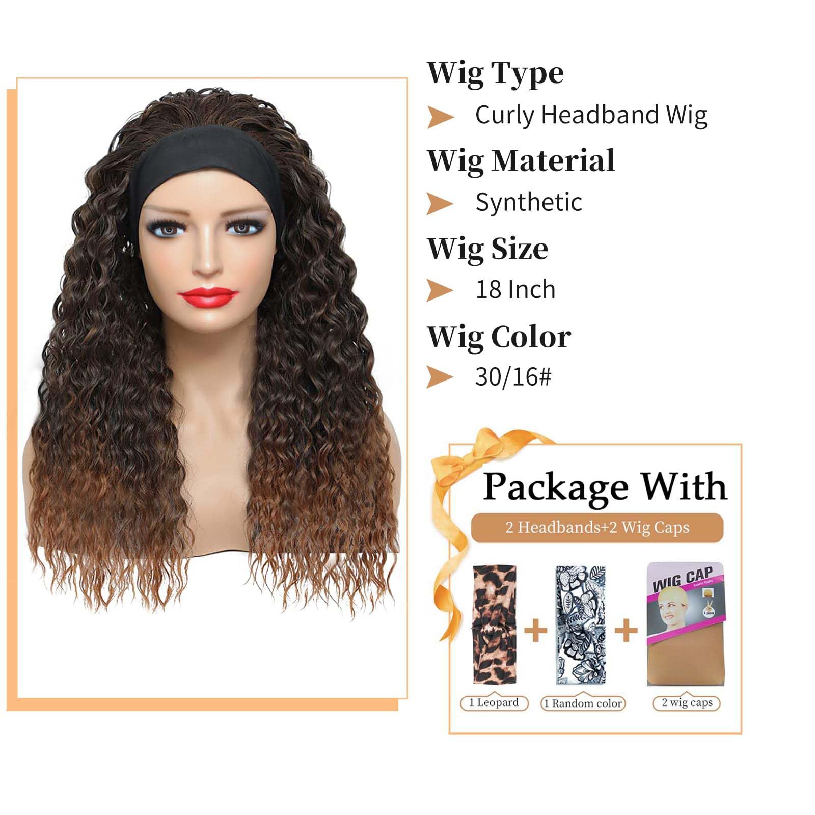 Alicoco 18 Inch T30/16 Headband Wig for Women - 180% Density Water Wave Synthetic Half Wig with Attached Headbands | Glueless & Easy to Wear | Perfect for Daily Use, Cosplay, and Special Occasions