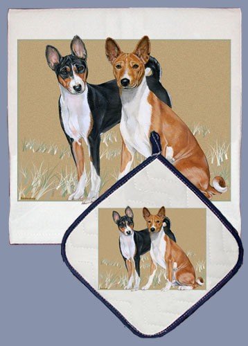 DP596 Basenji Dish Towel and Pot Holder Set - 2-Piece Kitchen Towel Set with Non-Slip Grip, Absorbent & Durable - Perfect for Cooking, Baking, Dish Drying & Kitchen Decor