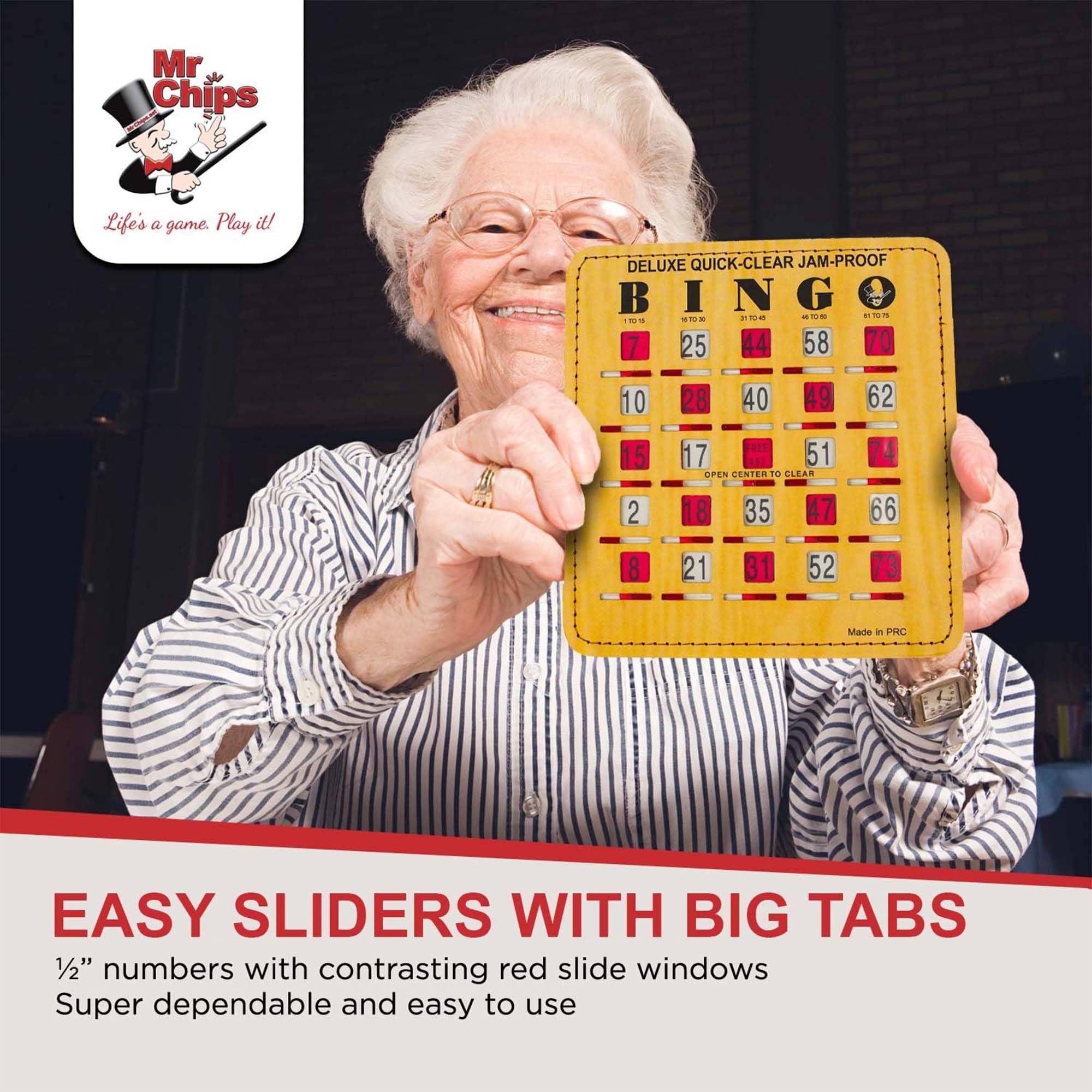 MR CHIPS Jam-Proof Bingo Cards with Sliding Windows - 50 Reusable Shutter Cards, 75 Calling Cards & 1 Master Board in Woodgrain Style - Perfect for Family Game Nights, Bingo Parties, and Classroom Activities