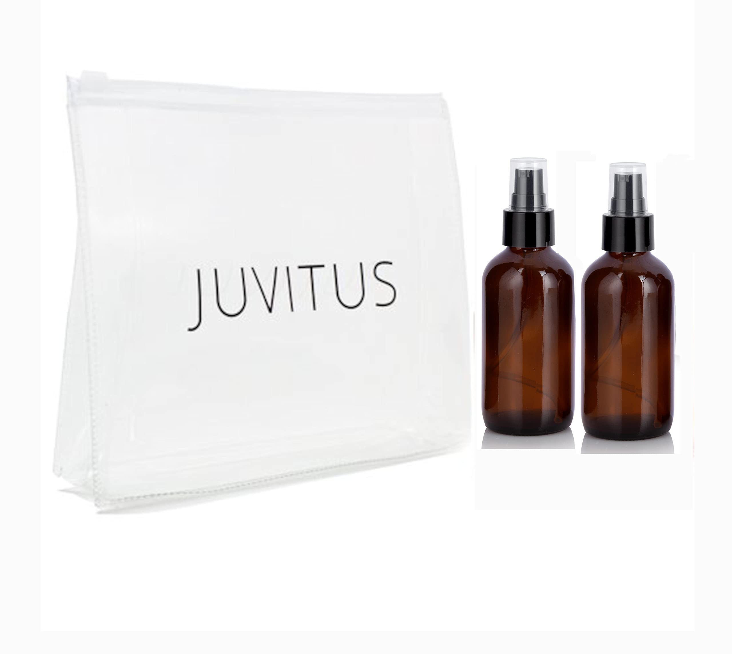 JUVITUS 4 oz Amber Glass Boston Round Bottle with Black Treatment Pump (2 Pack) + Clear Travel Bag - Essential Oil Dispenser for DIY Skincare, Hair Care & Travel Toiletries