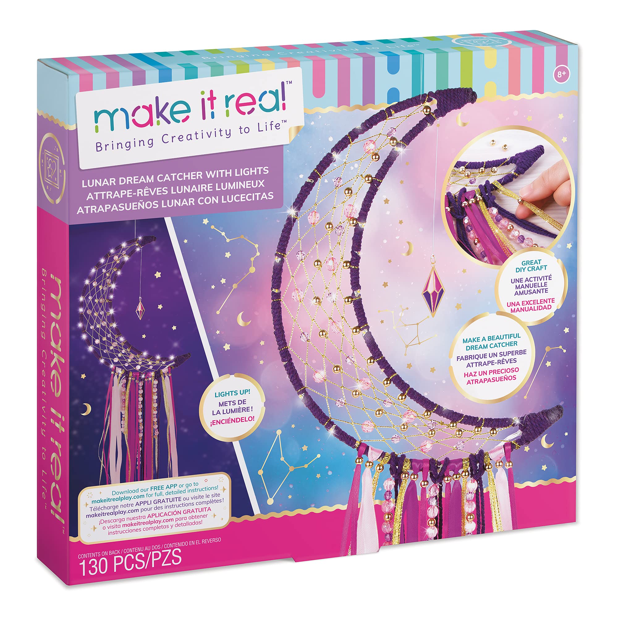 Make It Real Lunar DIY Dream Catcher Kit with LED Lights & Fairy String Lights - Creative Wall Decor for Teen Girls Bedroom, Kids Room & Dorm - Perfect Gift for Ages 8+ | Boho Home Decor & Night Light