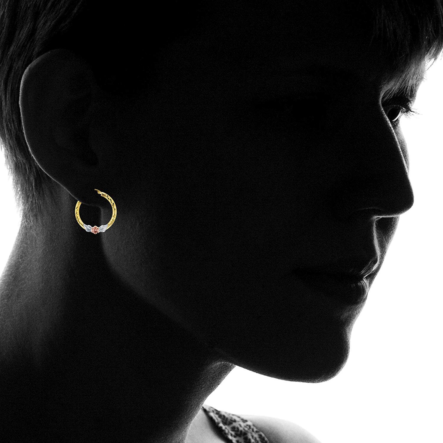 14K Tricolor Gold 3mm Hoop Earrings for Women - Diamond Cut Flower, Virgin Mary, Lovebirds & Heart Design | Hypoallergenic Jewelry for Sensitive Ears | Small 25mm-30mm Hoops | Perfect for Everyday Wear, Gifts & Special Occasions