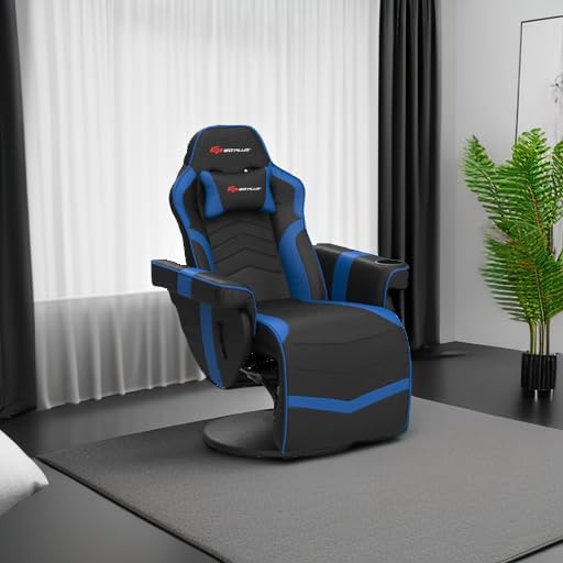 Powerstone Ergonomic Gaming Recliner Chair with Massage & Footrest - Adjustable PU Leather Sofa for Living Room - Includes Cup Holder, Headrest & Side Pouch - Navy Blue - Perfect for Gaming, Relaxing & Home Theater Seating