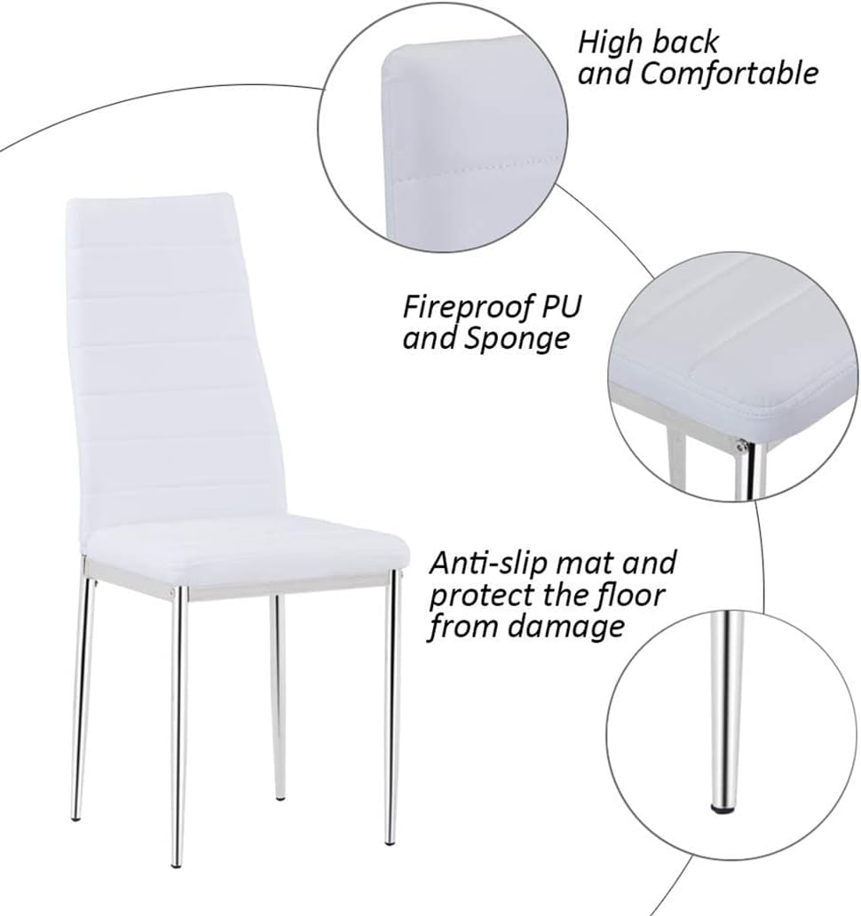 5-Piece Tempered Glass Dining Table Set for 4 with Upholstered Chairs - Modern Kitchen & Dining Room Furniture (Silver Table & White Chairs) | Perfect for Family Meals, Dinner Parties & Small Space Apartments