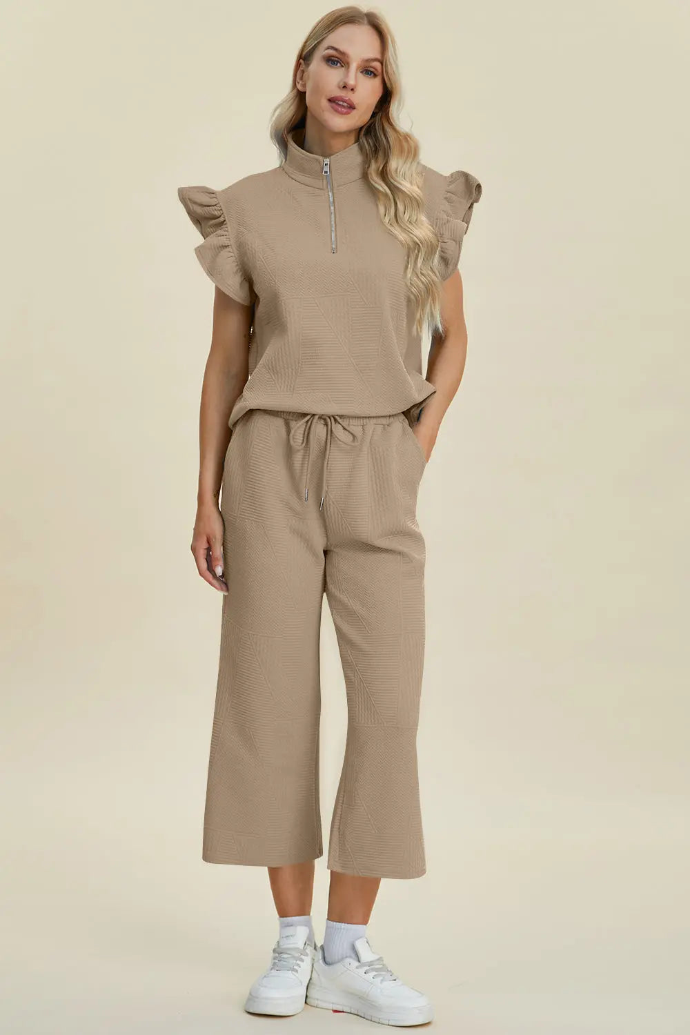 Double Take Women's Full Size Textured Ruffle Short Sleeve Top & Wide Leg Pants Set | Casual Outfit for Summer, Beach, Date Night & Office Wear