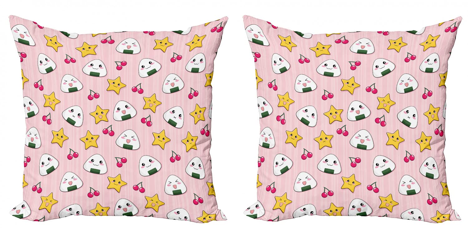 Ambesonne Anime Decorative Throw Pillow Covers Set of 2 - Happy Crying Cartoon Rice Balls with Cherries & Stars Striped Design - 16 Inch Pink Yellow White Cushion Covers for Sofa, Bedroom & Living Room - Perfect for Anime Fans & Kawaii Home Decor