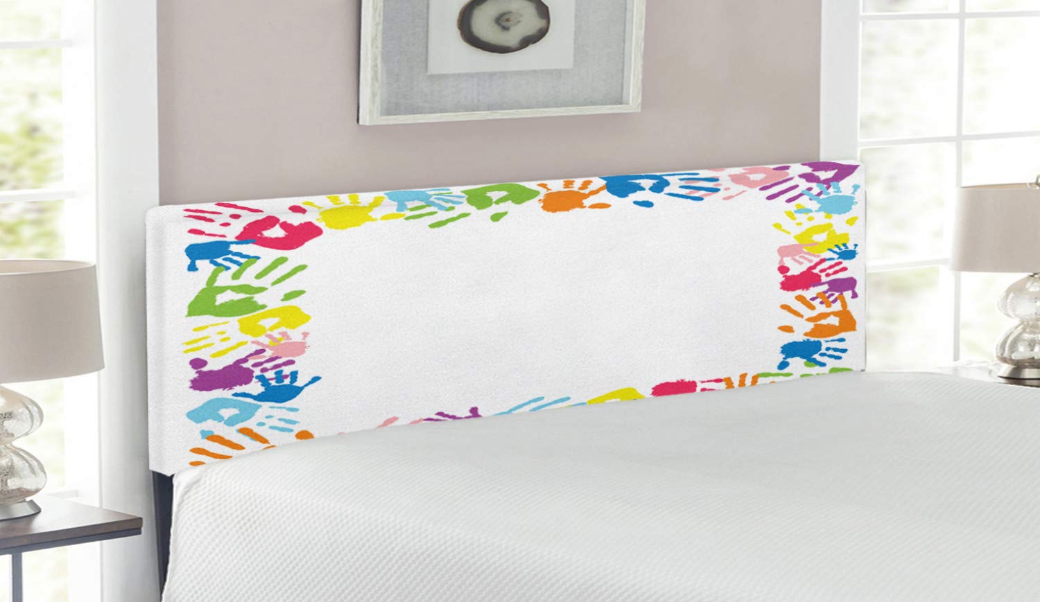 Ambesonne Rainbow Handprint Themed Upholstered Metal Headboard - Queen Size Decorative Bed Frame with Memory Foam for Kids Room & Nursery | Happy Childhood Design, Multicolor Grunge Display | Perfect for Birthday Parties, Children's Bedrooms & Playroom Decor