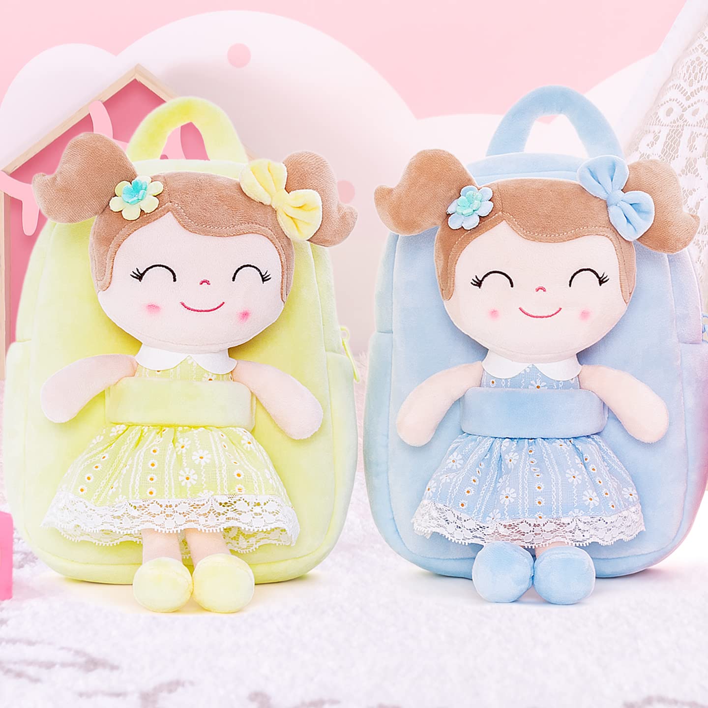 Gloveleya Soft Plush Kids Backpack for Toddler Girls - 9 Inch Cute Spring Doll Toy Backpack (Yellow) - Perfect for Preschool, Daycare & Travel Accessories