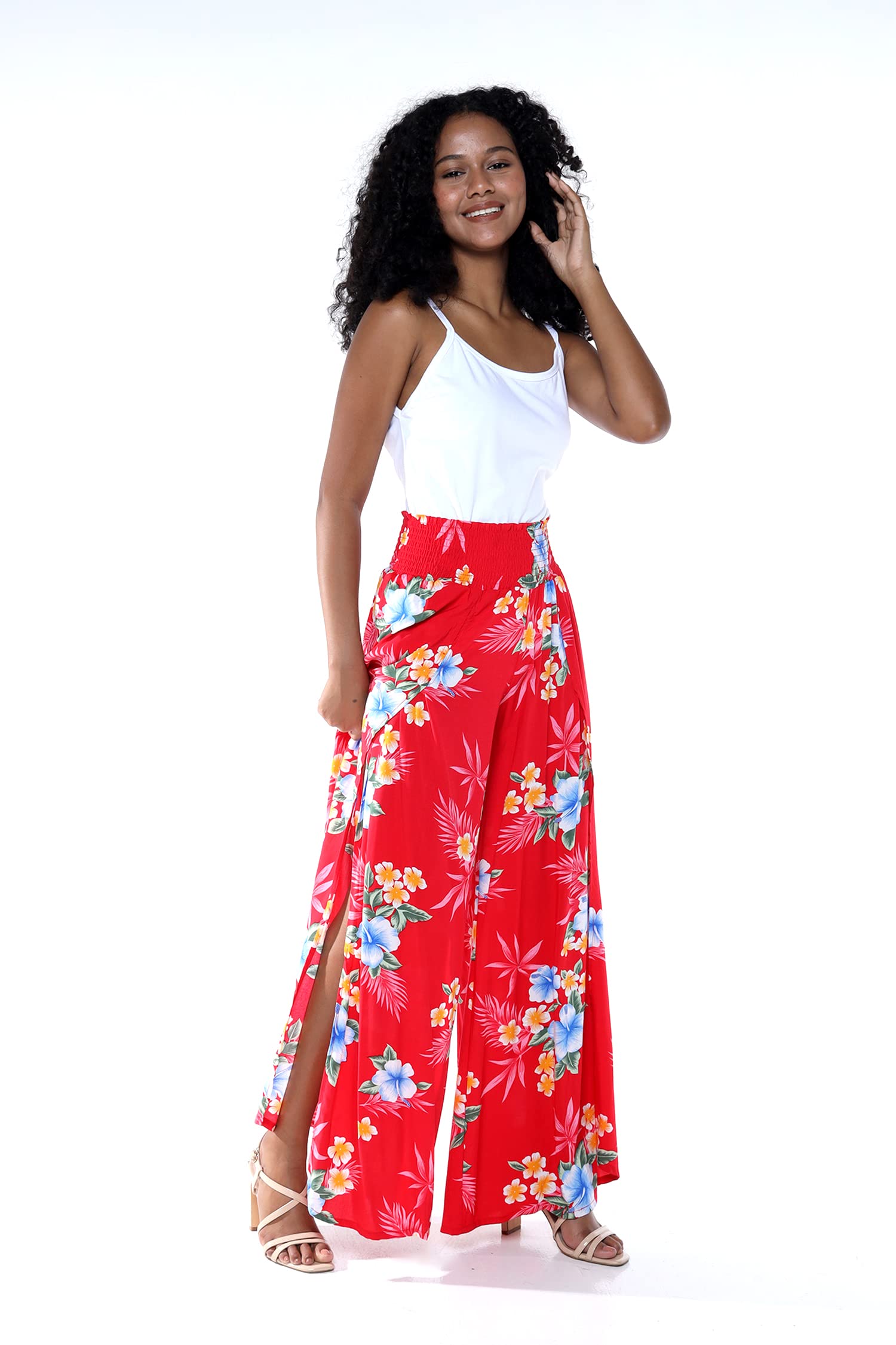 Floral Print High Slit Wide Leg Pants for Women - Boho Chic Palazzo Trousers with Side Slits - Perfect for Summer Vacations, Beach Outfits & Casual Wear