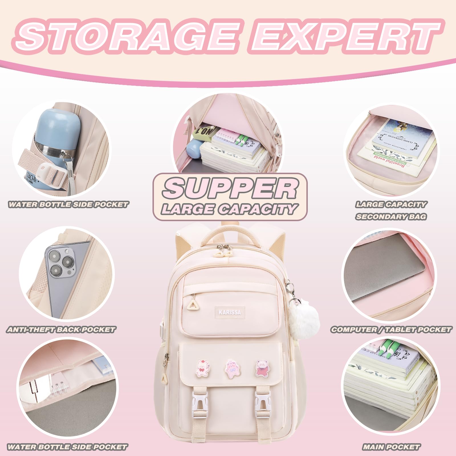 Cute Girls Backpack for School - Large Capacity Middle & Elementary Student Bookbag, Durable Casual Daypack for Teen Girls (White) - Perfect for School, Travel & Daily Use