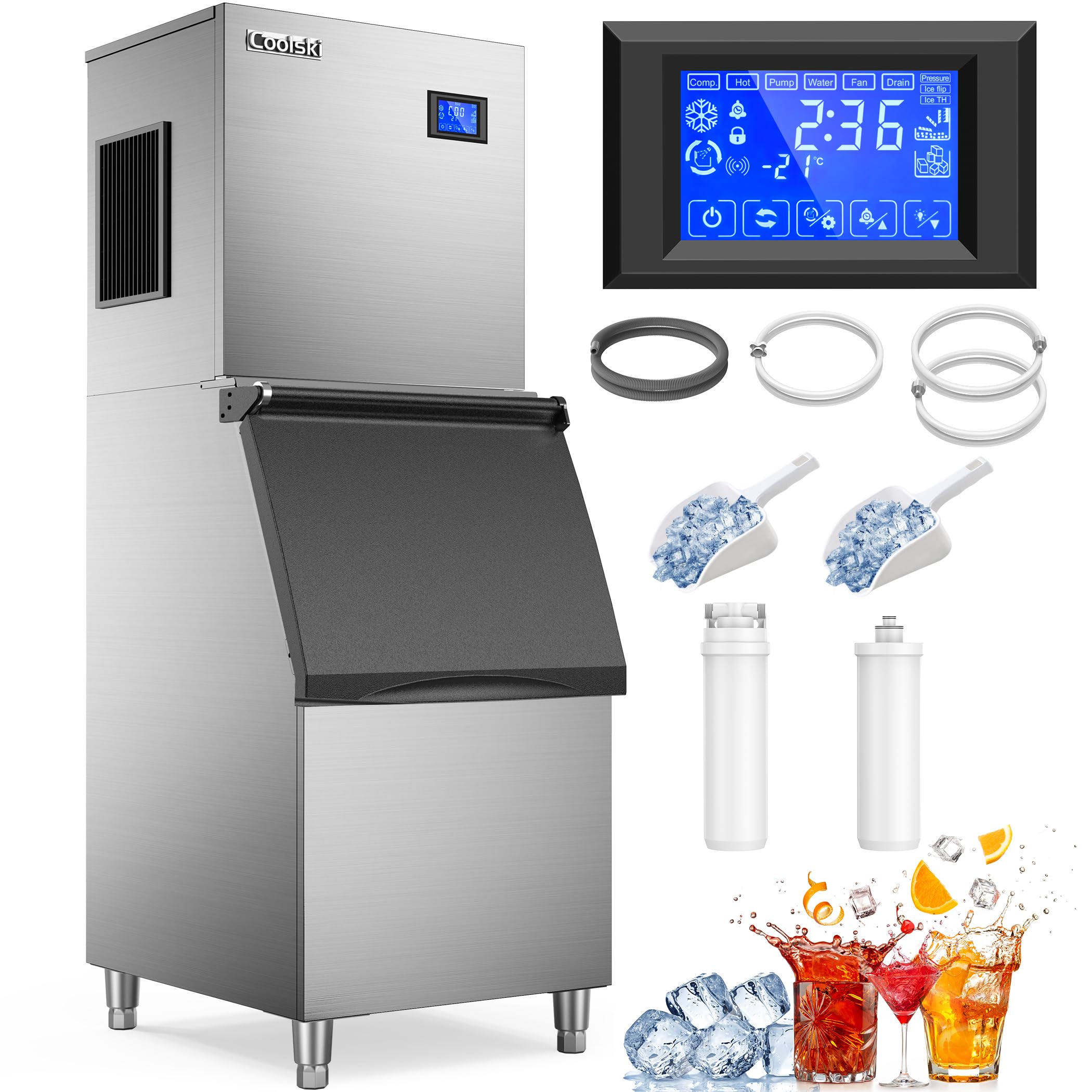 Commercial Ice Maker Machine 450LBS/24H - 22'' Wide Stainless Steel Ice Machine with 300LBS Storage Bin | Air Cooled Clear Ice Cube Maker for Restaurants, Bars, Cafes & Businesses | Perfect for Cocktails, Beverage Service & Food Preservation