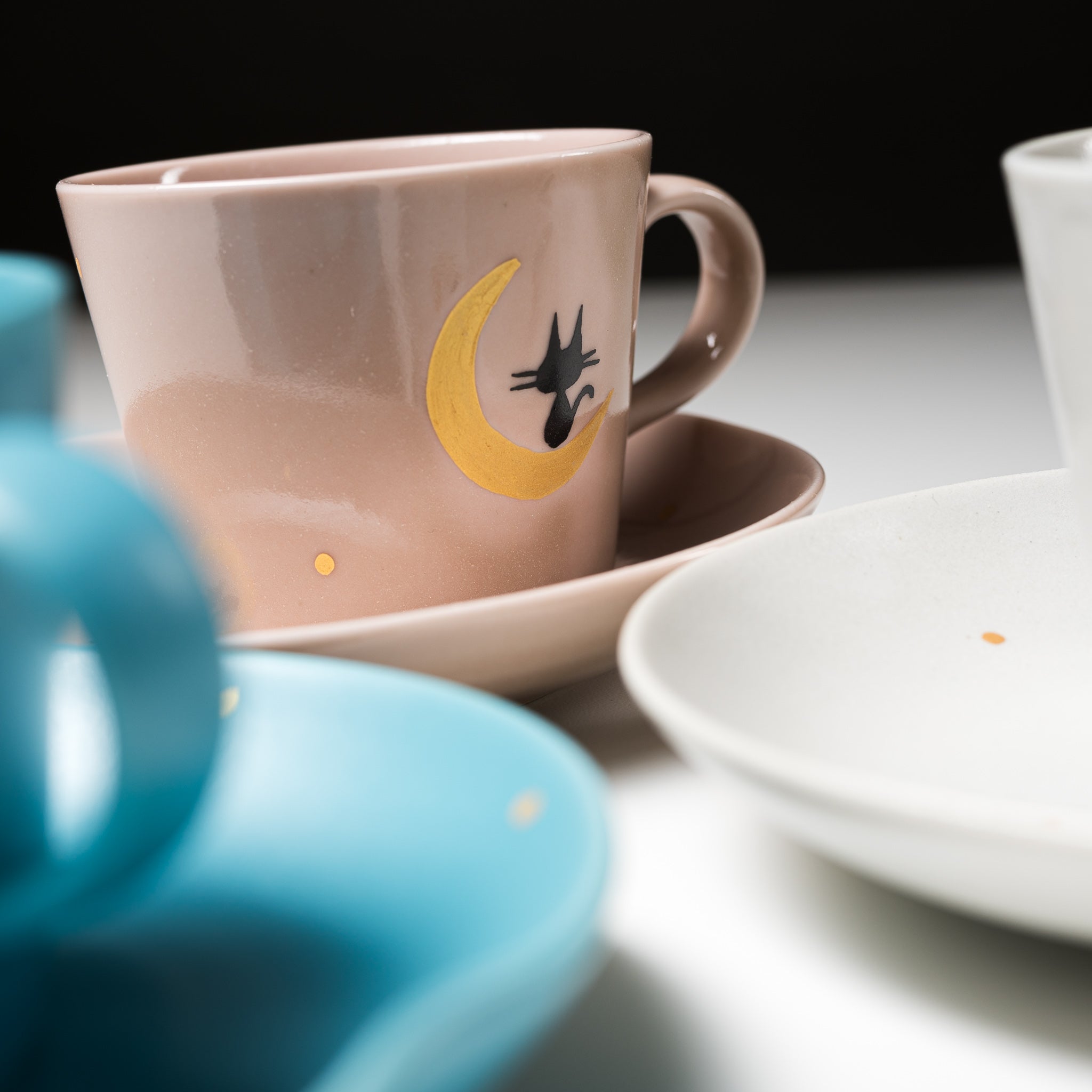 Moon and Cat Themed Cup and Saucer Set - 3 Colors (Crescent Moon Kitty Design) - Perfect for Tea Time, Coffee Breaks, and Gift Giving