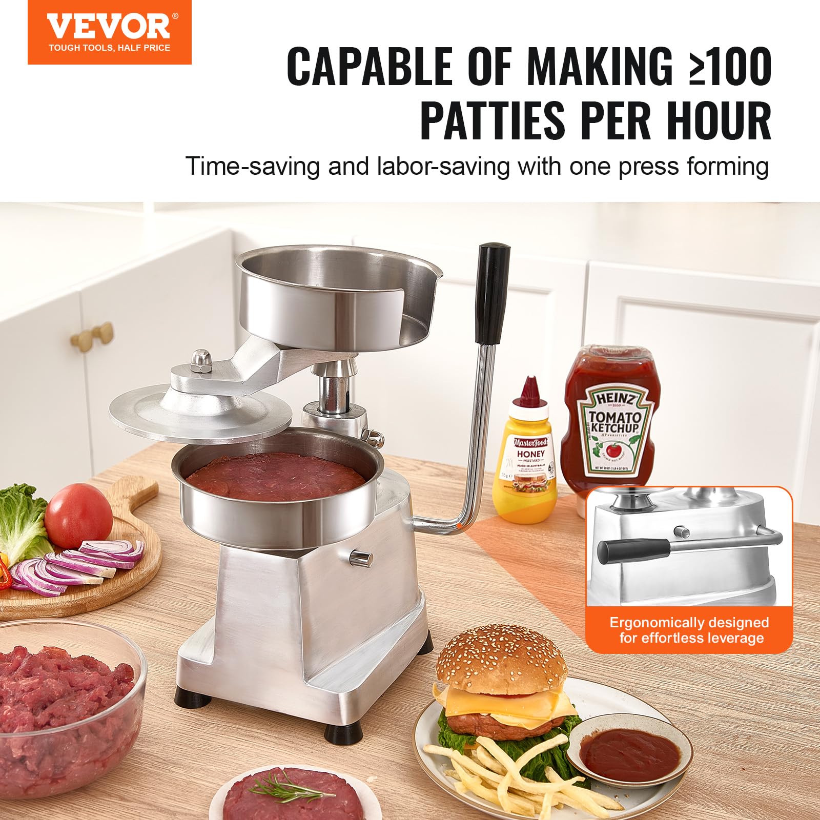 VEVOR 6-Inch Commercial Hamburger Patty Maker - Heavy Duty Stainless Steel Burger Press Machine with 1000 Patty Papers - Perfect for Restaurants, BBQ Parties & Home Kitchen Use