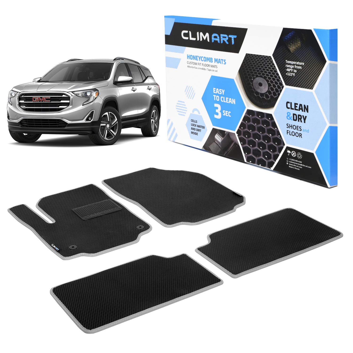 CLIM ART Honeycomb Custom Fit All-Weather Floor Mats for GMC Terrain 2018-2022 | 1st & 2nd Row Car Floor Liners | Durable Black/Silver Car Accessories for Men & Women | Perfect for Daily Commuting, Road Trips and Off-Road Adventures