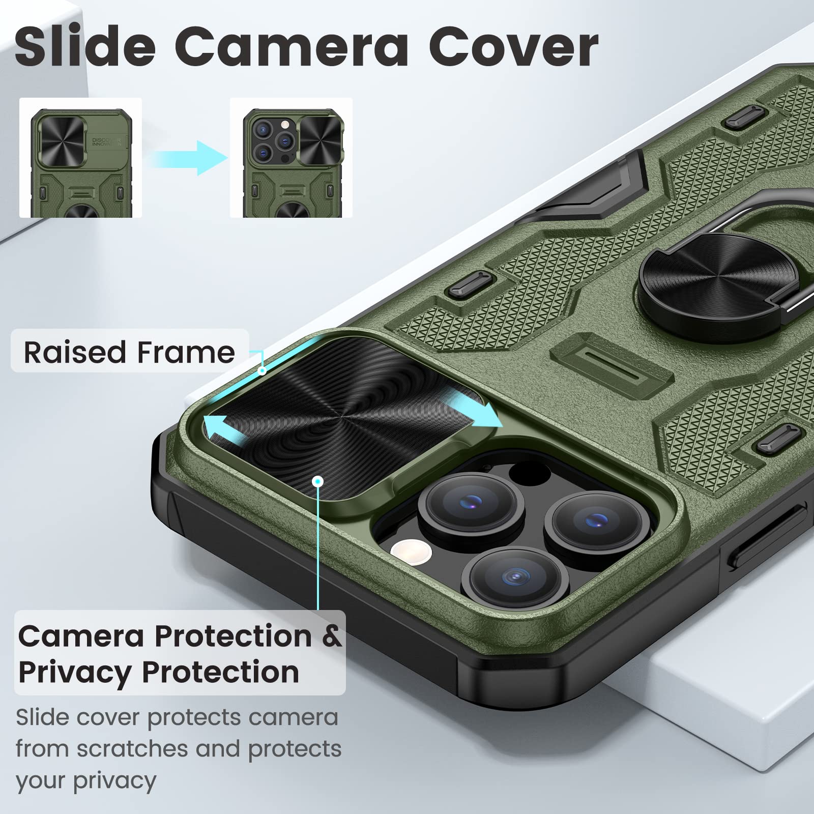 **Magnetic Phone Case for iPhone 13 Pro Max/12 Pro Max - Built-in 360° Rotating Ring Stand, Kickstand & Camera Cover, Protective Green Case | Perfect for Work, Travel & Everyday Use**