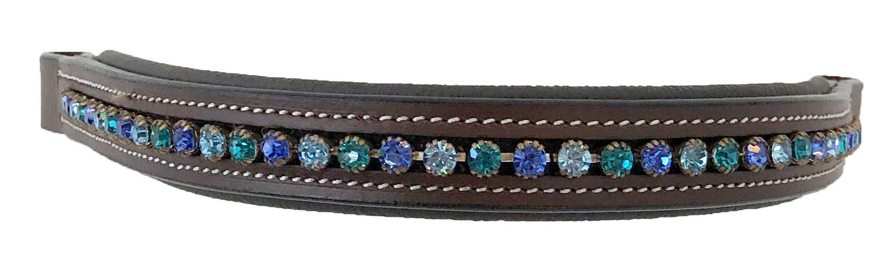 English Bridle Leather Padded Browband with Blue Crystals - Equestrian Show Accessory