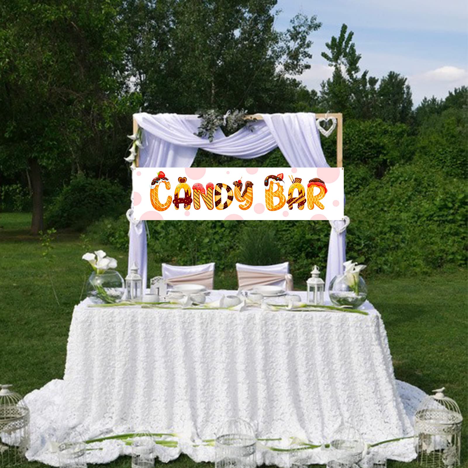 DPKOW Lovely Candy Bar Banner - Fabric Table Decoration for Wedding, Baby Shower, Birthday Party, Christening, Communion, Retirement & Graduation - 47x12 Inches (120x30cm) - Perfect for Sweet Tables, Dessert Displays & Party Backdrops