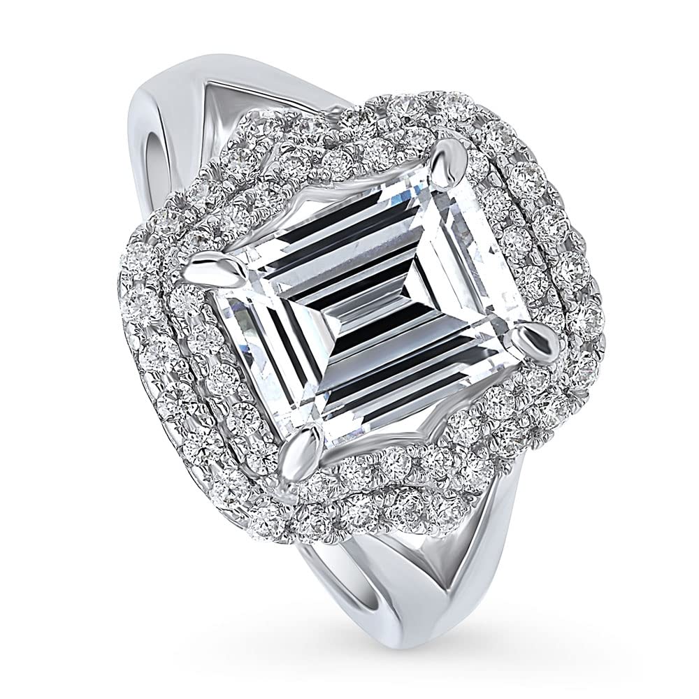 BERRICLE Sterling Silver Halo Wedding Engagement Ring for Women - Step Emerald Cut Cubic Zirconia CZ Statement Cocktail Split Shank Ring, Rhodium Plated Size 4-10 | Perfect for Proposals, Anniversaries, Date Nights & Special Occasions