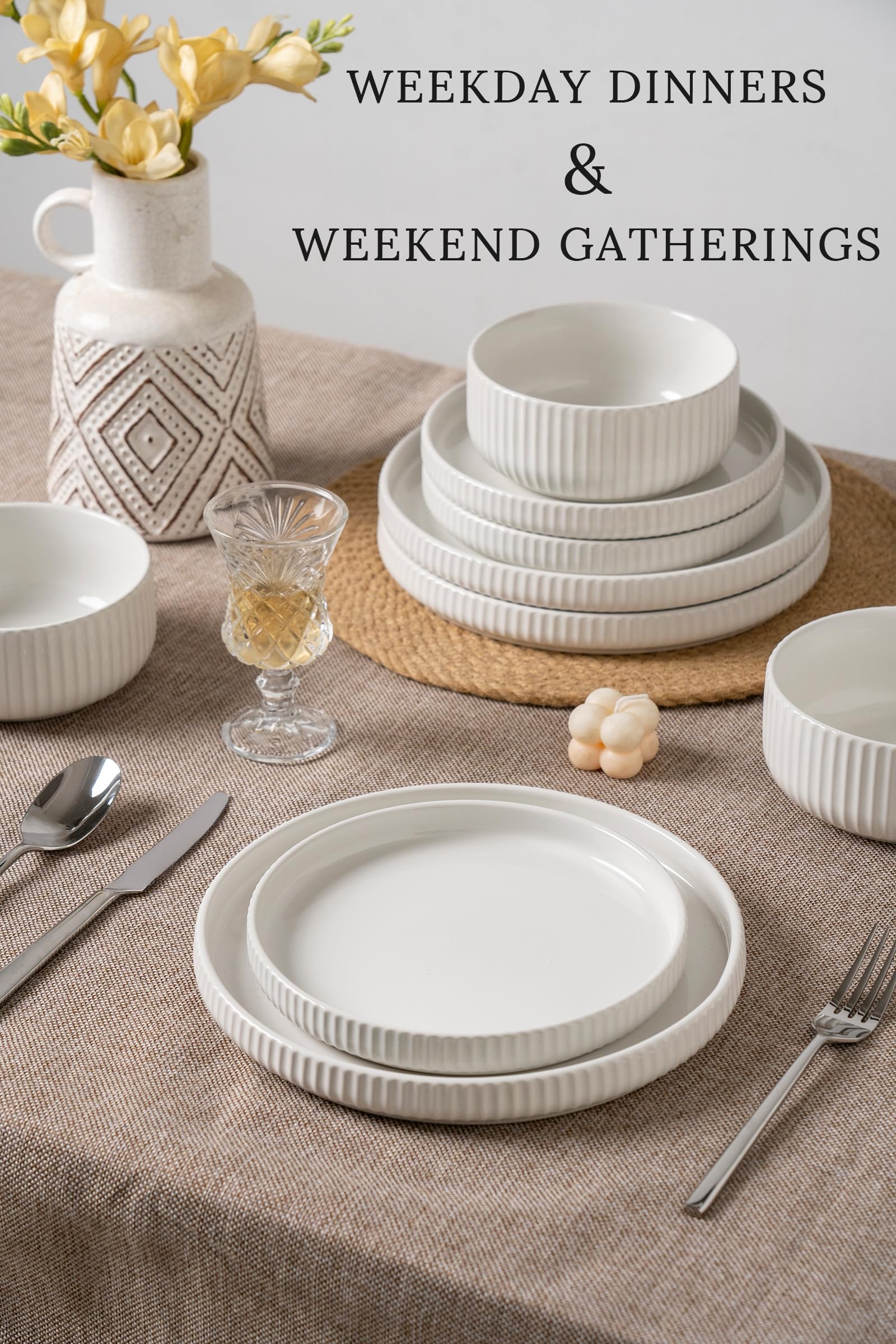 12-Piece White Dinnerware Set for 4, Modern High-Gloss Stoneware Plates & Bowls - Scratch Resistant, Microwave Safe - Perfect for Everyday Use & Dinner Parties