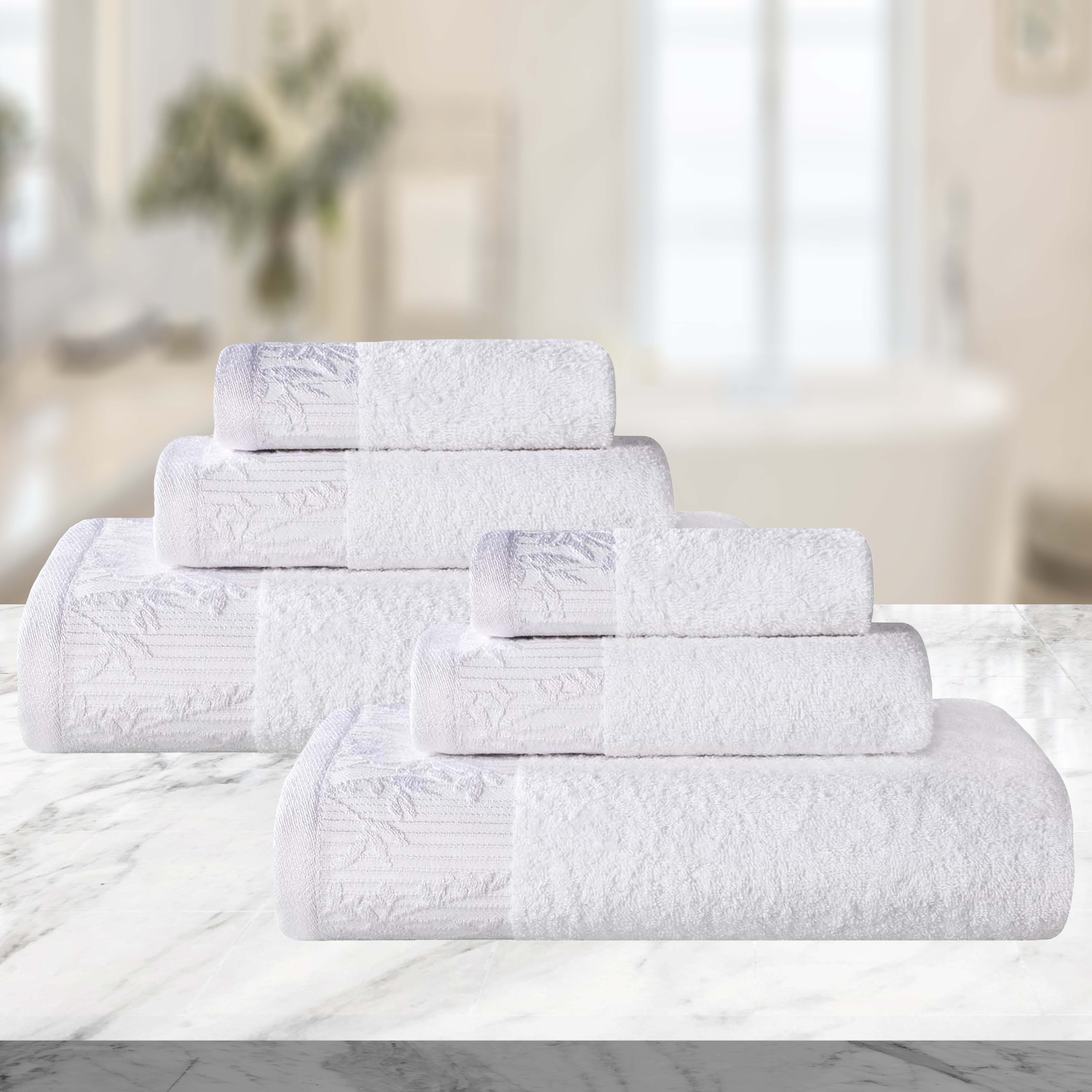Wisteria Cotton Floral Embroidered Jacquard Border 6-Piece Bath Towel Set - Soft & Absorbent for Spa, Bathroom & Guest Use