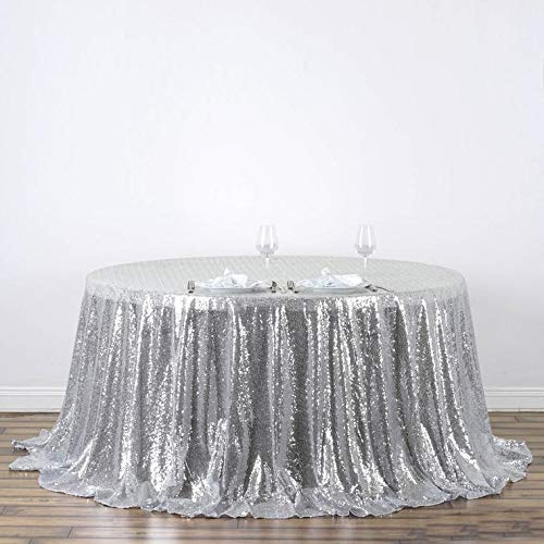 132 Inch Sequin Round Tablecloth - Premium Silver Payette Fabric for Wedding, Birthday & Christmas Party Decor | Elegant Banquet, Hall & Event Decoration