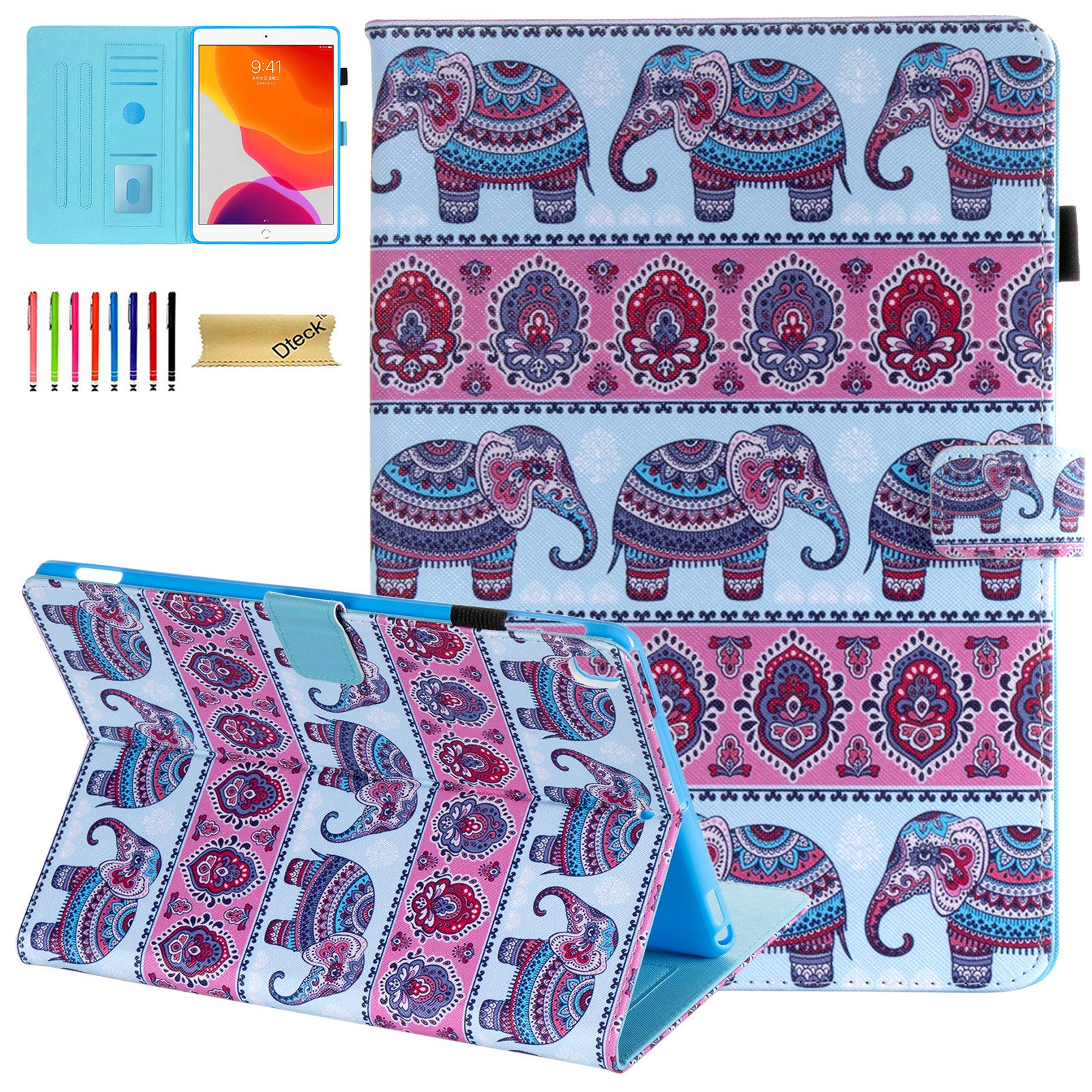 Dteck Genuine Leather Smart Folio Case for iPad Pro 10.5 (2017) & iPad Air 3 (10.5 Inch 2019) - Auto Sleep/Wake Protective Wallet Stand Cover with Card Slots - Compatible with iPad 10.5 Models A1701 A2152 (Elephant Design) - Perfect for Work, Travel & Daily Use