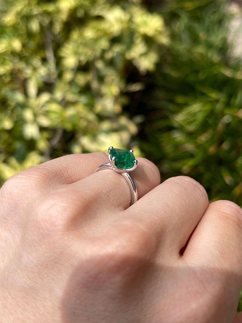3.65tcw Asscher Cut Emerald & Diamond Accent Prong Set Ring in 14K White Gold | Elegant Wedding, Engagement & Anniversary Jewelry Gift for Women