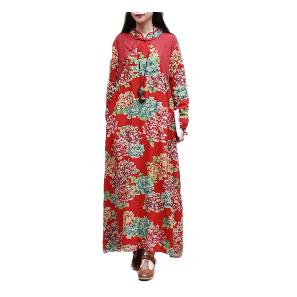 LZJN Women's Floral Print Maxi Dress - Chinese Style Casual Summer Dress for Beach, Vacation & Party Wear