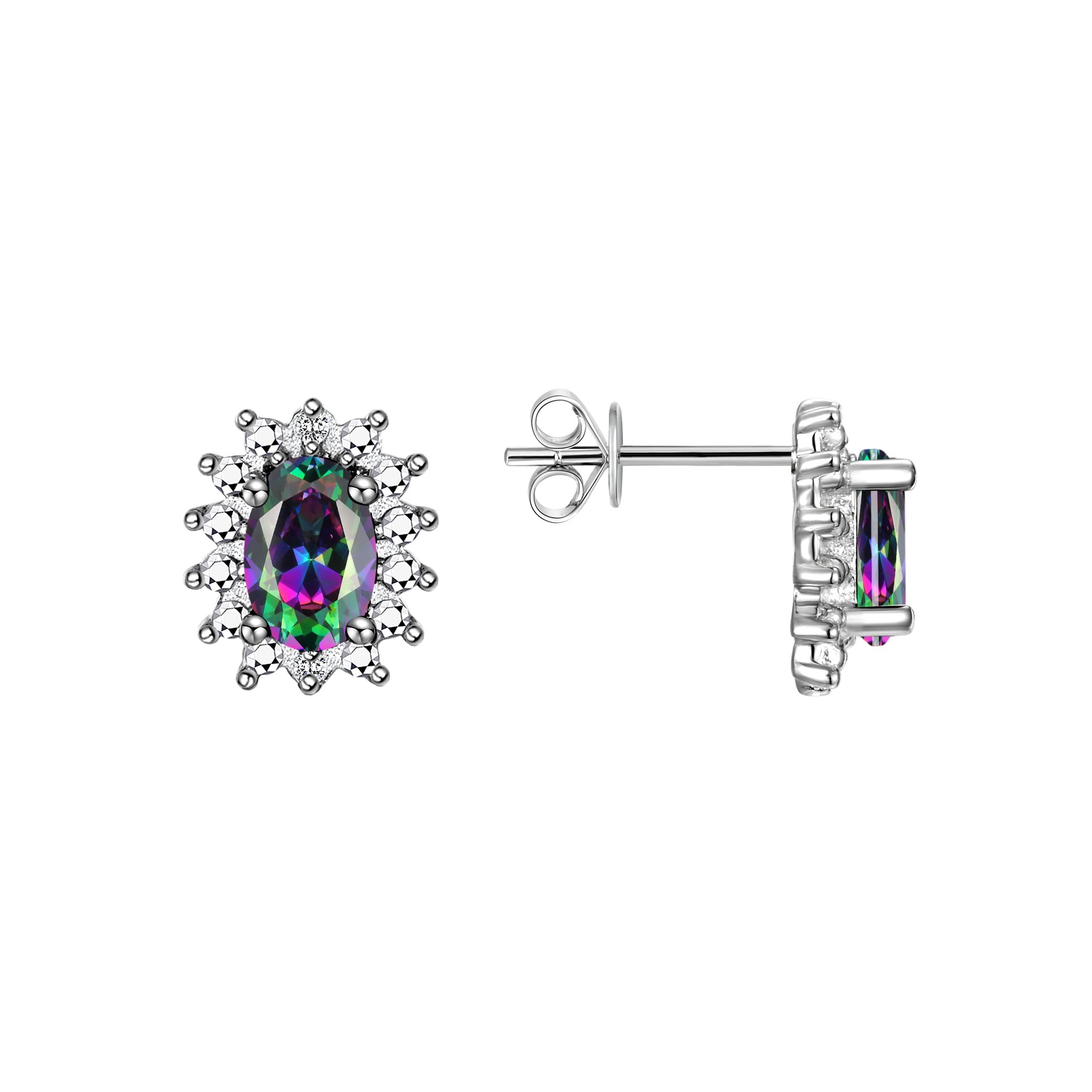Rylos Sterling Silver Halo Stud Earrings - 6X4MM Oval & Diamond Accents - Elegant Birthstone Jewelry for Women, Perfect Gift for Anniversary, Birthday & Special Occasions