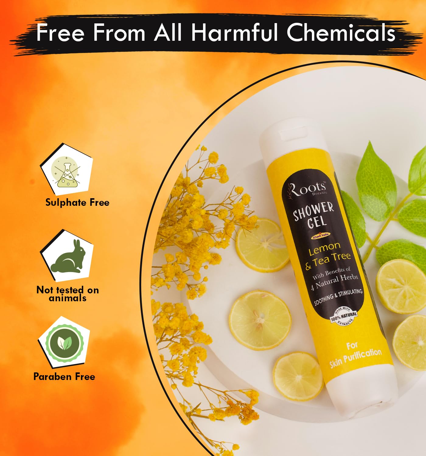 Roots Botanix Lemon & Tea Tree Natural Herbs Body Wash - 200ml Fresh & Refreshing Shower Gel for Sensitive Skin - Perfect for Daily Cleansing & Relaxing Bath Time