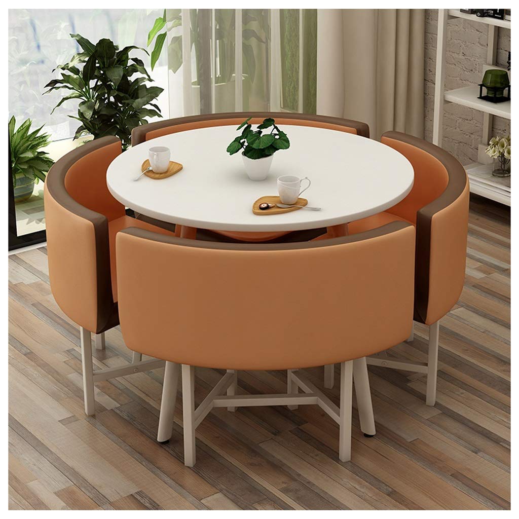 Modern Round Table and 4 Leather Chairs Set - Army Green Balcony, Living Room, Dining, Office, Meeting Room, Lounge, Coffee Shop & Beauty Salon Furniture - Perfect for Small Spaces, Home Decor, and Commercial Use