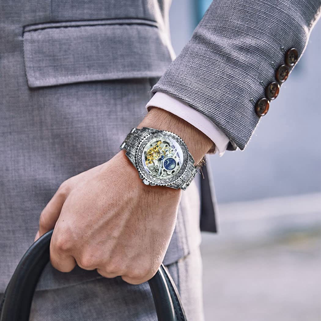 Gosasa Retro Skeleton Automatic Mechanical Watch for Men - Self-Winding Tourbillon with 24H Moon Phase & Independent Seconds - Large Dial Wristwatch for Business, Casual & Tattoo Enthusiasts