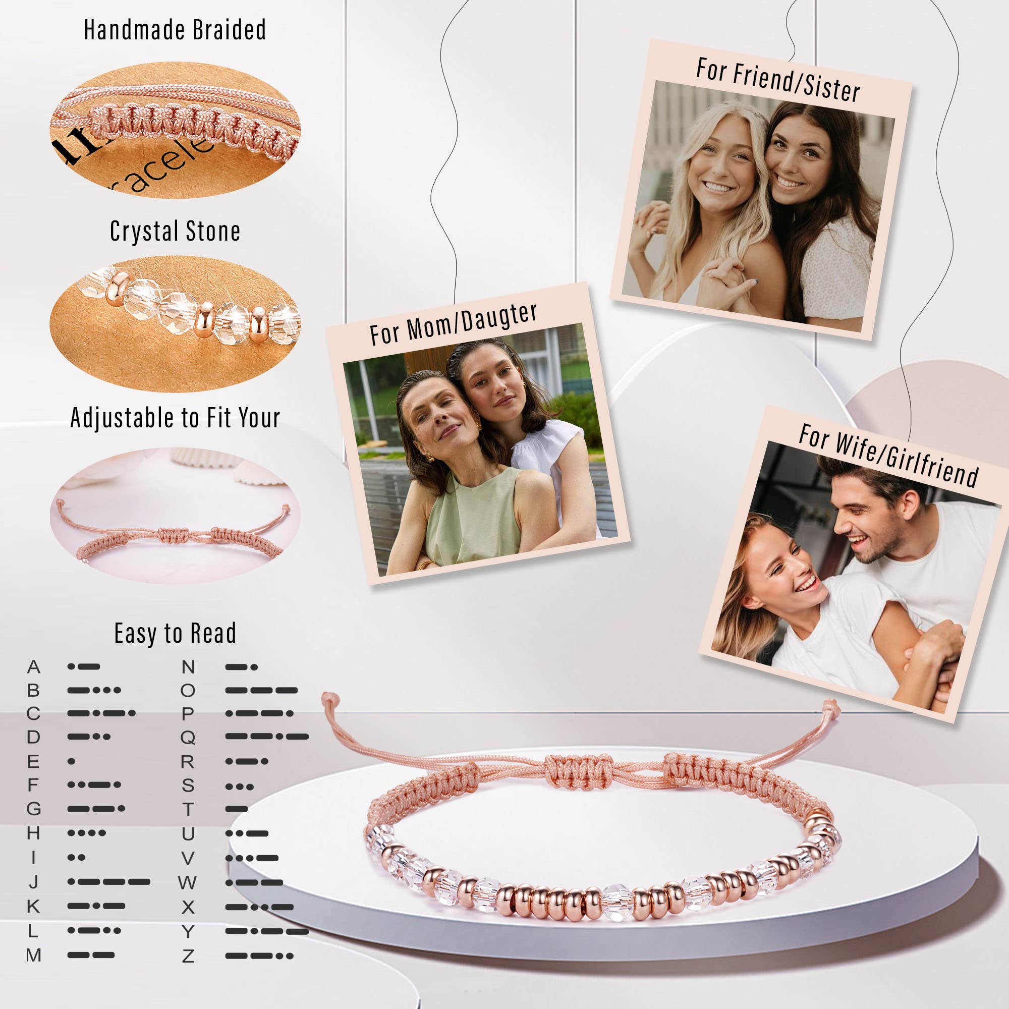 **Btysun Morse Code Bracelets for Women - Inspirational Pink Braided Friendship Jewelry, Best Friend Birthday Gift, High School Graduation Gift, Christmas Stocking Stuffer for Her & Mom 2025 - Perfect for Daily Wear, Special Occasions & Meaningful Gifting**