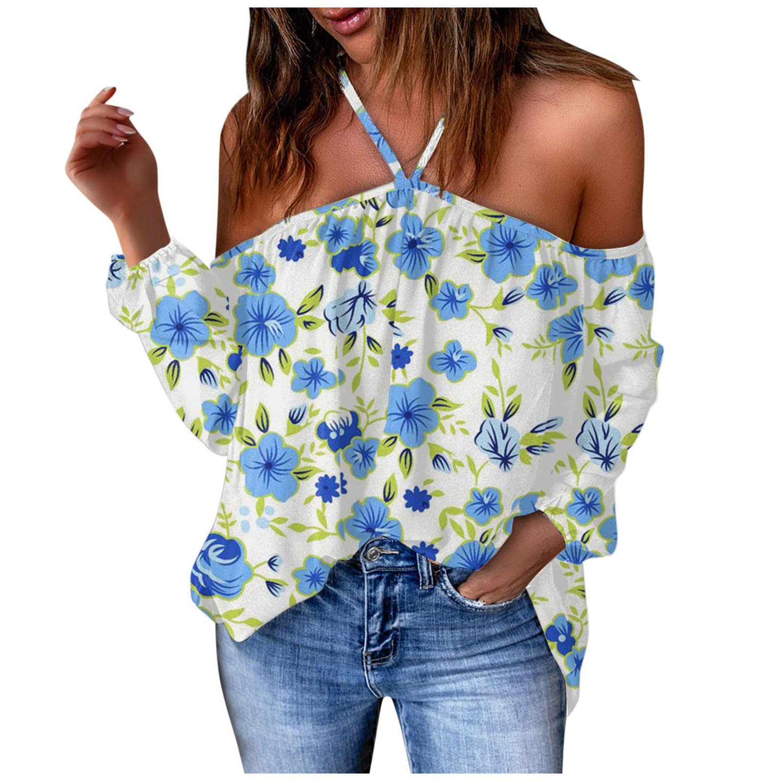 Sexy Women's Summer Tops - Boho Print Halter Neck Off Shoulder Long Sleeve Tunic Tee Blouse | Trendy Casual Wear for Beach, Party & Vacation