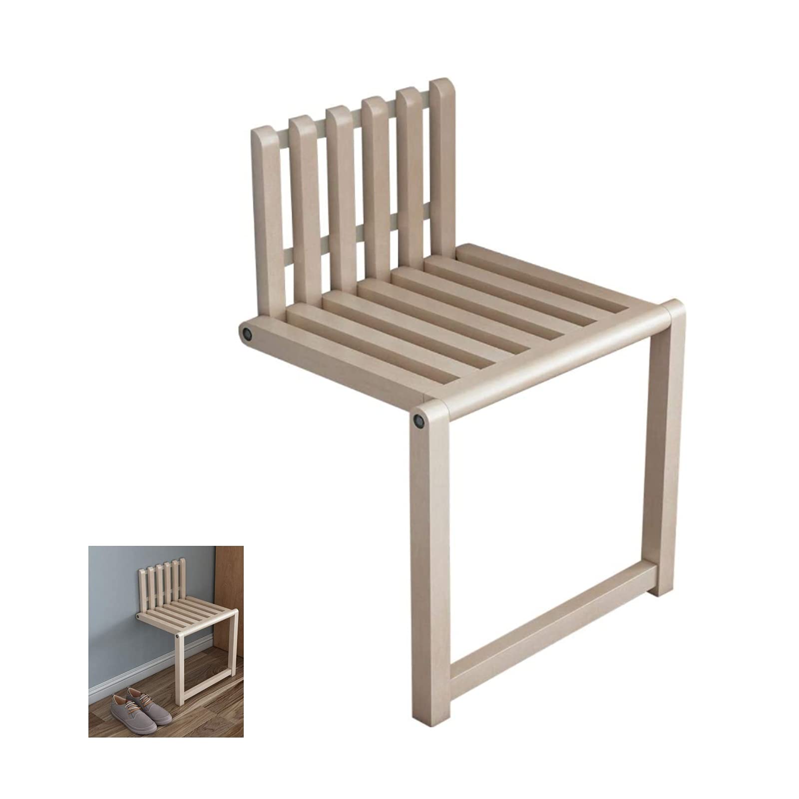 Solid Wood Wall-Mounted Folding Chair - Space Saving Invisible Shoe Changing Stool with Support Legs for Entryway, Bathroom & Shower | Wood Color Home Organization Solution