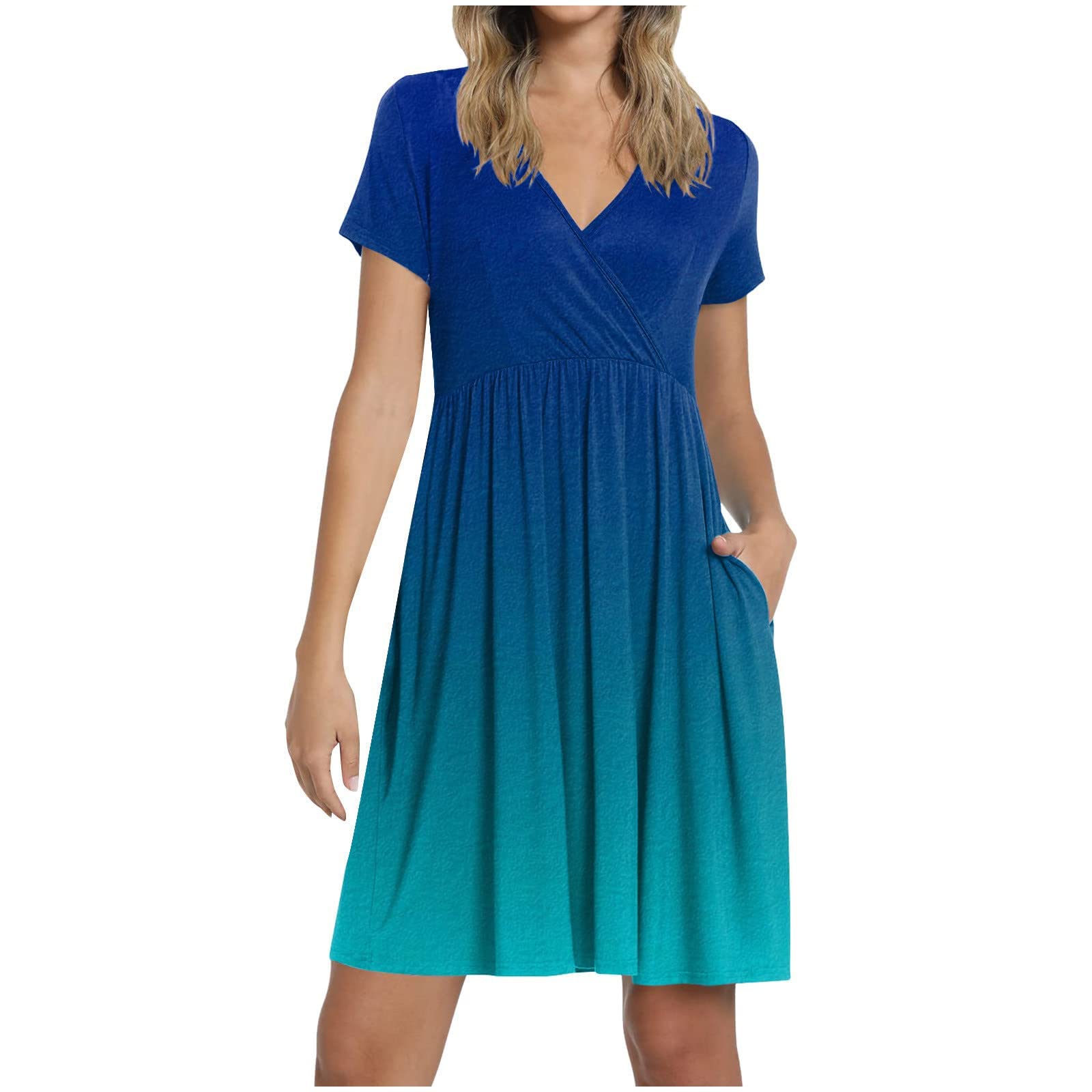 Women's Casual Gradient Color V-Neck Short Sleeve Pleated Mini Dress with Pockets - Perfect for Beach, Summer Outings & Vacation Wear