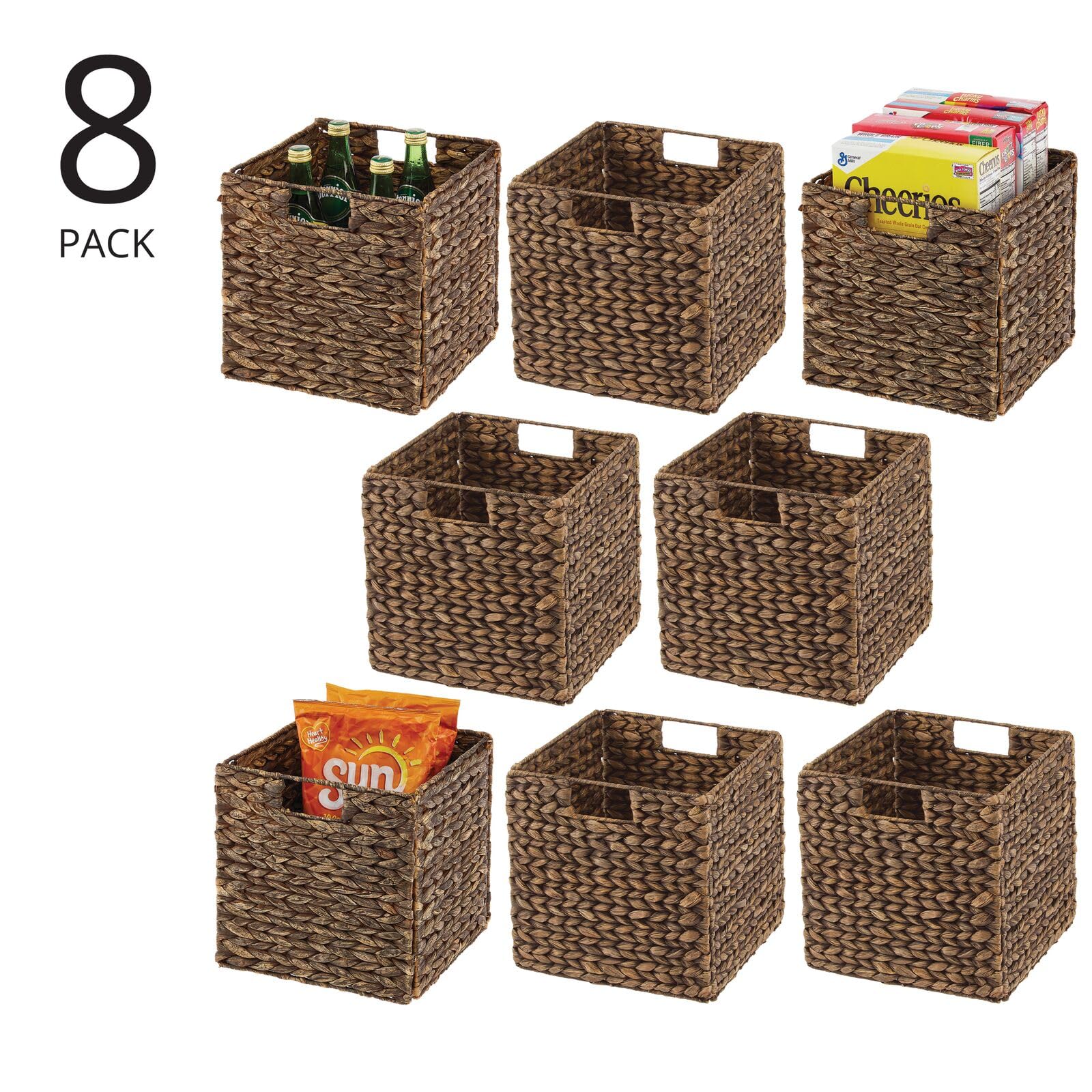 Natural Woven Hyacinth Storage Baskets with Handles - 8 Pack Brown Wash Cube Organizers for Kitchen Cabinet, Pantry Shelf & Cubby Storage | Perfect for Snacks, Small Appliances & Home Organization | Space-Saving Storage Solution for Bedroom, Bathroom & Office