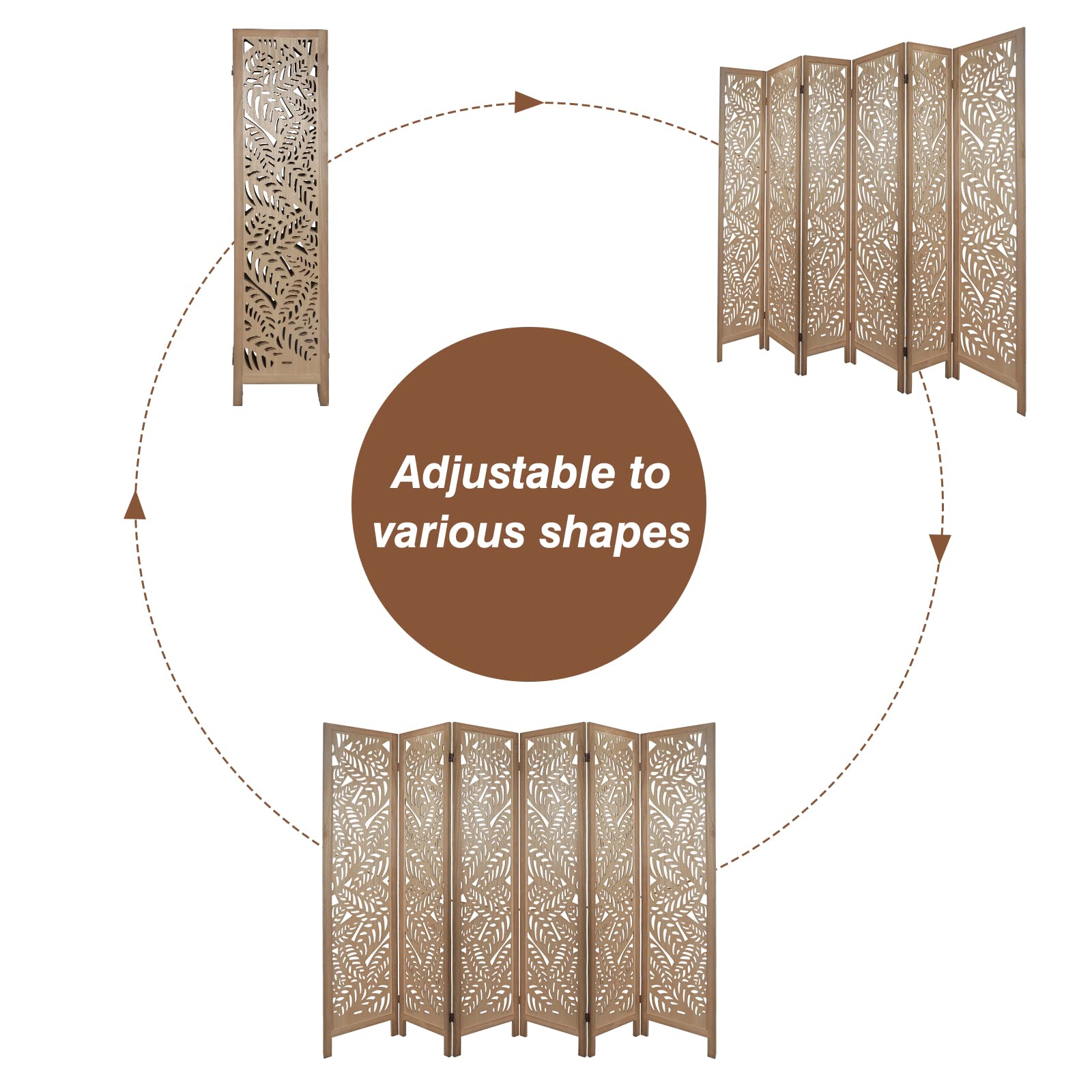 6 Panel Wooden Room Divider with Leaf Pattern - Hand Carved Folding Privacy Screen, Freestanding Partition for Home Decor, Bedroom, Office & Studio - Natural Home Decoration & Space Separator