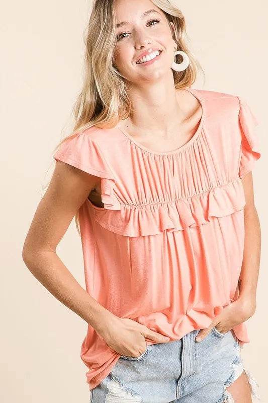 BiBi Jersey Knit Gathered Ruffled Top - Women's Fashion Blouse for Casual Wear, Date Nights & Office Outfits