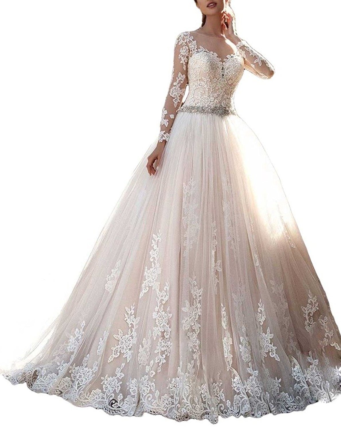 Awishwill Women's Vintage Lace Applique Wedding Dress 2021 - Long Sleeve Beaded Bridal Gown for Church Ceremony, Beach Wedding & Formal Reception