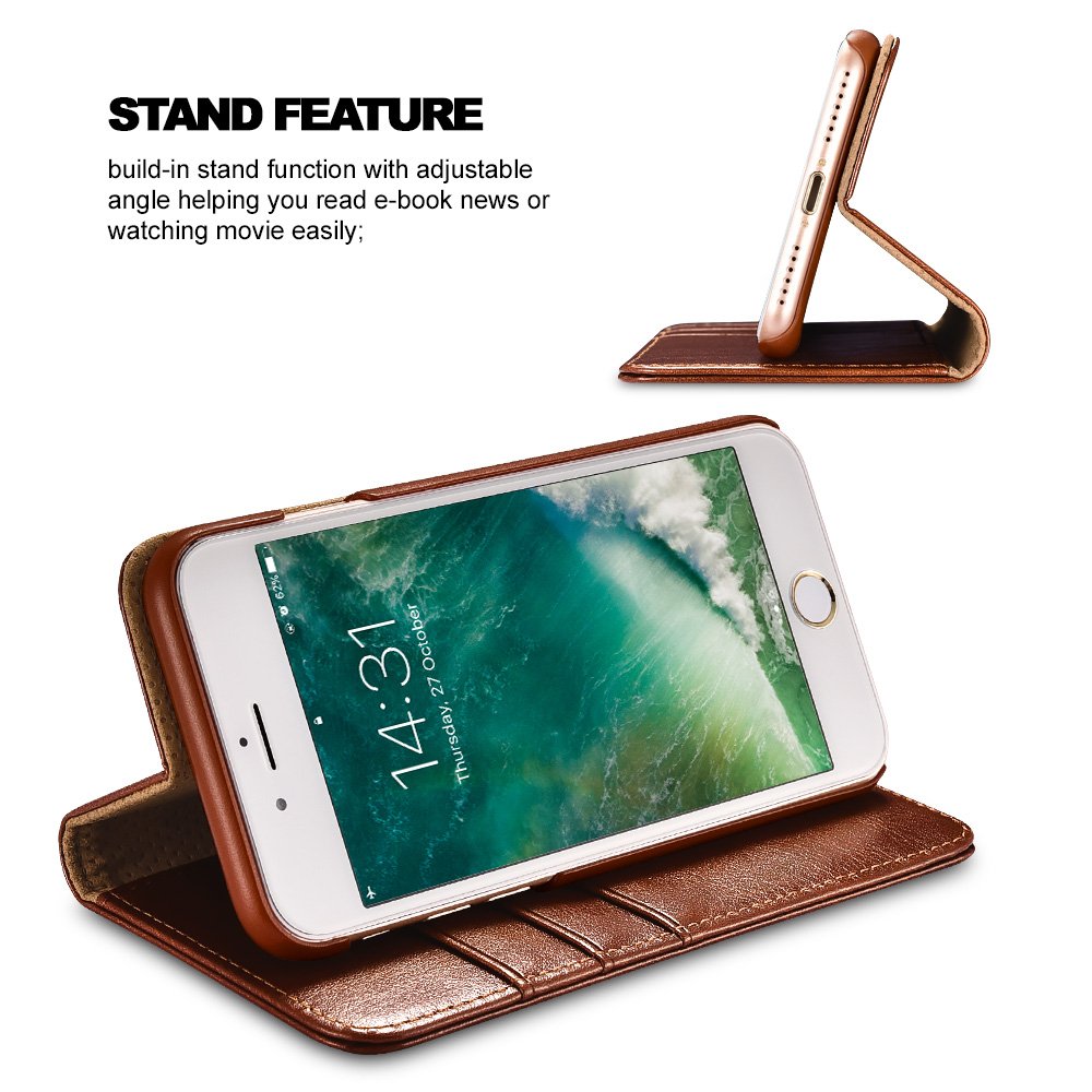 Premium Leather Wallet Case for iPhone SE (2020/2022) & iPhone 8/7 - Flip Card Slots, Kickstand & Magnetic Closure - ICARERCASE Brown - Perfect for Work, Travel & Everyday Use