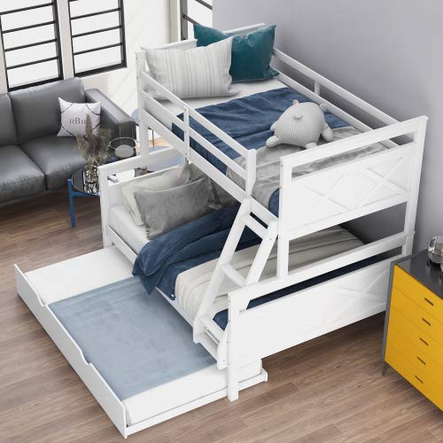 Twin Over Full Bunk Bed with Twin Trundle - Solid Wood Loft Bed Frame with Slanted Ladder & Full-Length Guardrail - Converts to 2 Separate Beds - Ideal for Kids, Teens & Small Bedrooms - Perfect for Shared Rooms, Sleepovers & Space-Saving Solutions - White