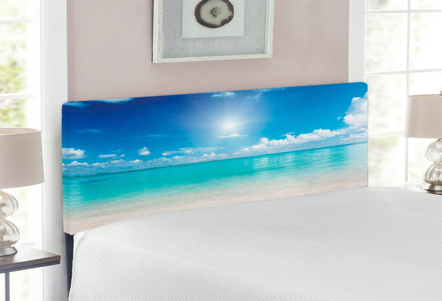 Ambesonne Ocean Headboard - Sky & Sea Landscape, Tropical Beach Clouds & Sun Design, Upholstered Decorative Metal Bed Frame with Memory Foam, Full Size Cream Turquoise White - Perfect for Coastal & Summer Bedroom Decor