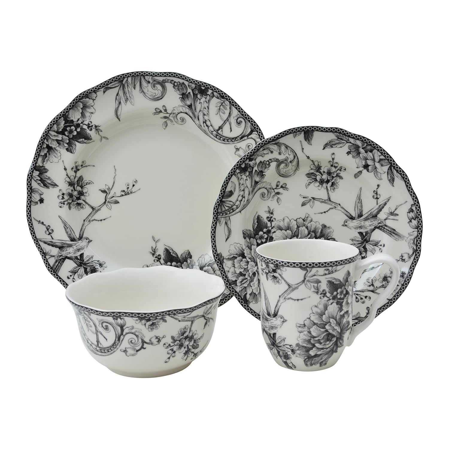 222 Fifth Adelaide 16-Piece Porcelain Dinnerware Set - Service for 4, Elegant Black Dinner Plates with Hand-Painted Woodland Bird Design, Microwave & Dishwasher Safe for Everyday Use, Perfect for Family Dinners, Parties & Holiday Entertaining