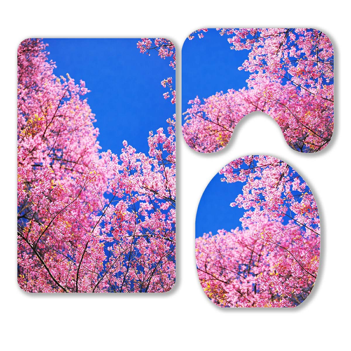 ABPHQTO Spring Pink Cherry Blossoms Blue Sky 3-Piece Bathroom Rug Set - Soft Contour Mat & Toilet Lid Cover - Non-Slip Bath Mats for Cozy Home Decor, Perfect for Bathroom, Bedroom, and Laundry Room