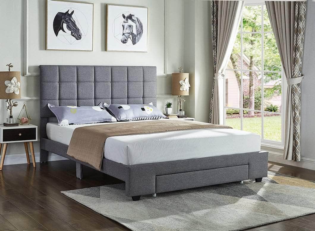 Richmond Square Tufted Grey Fabric Platform Bed with Storage Drawer - Queen & King Size - Modern Bedroom Furniture for Small Spaces & Master Suites