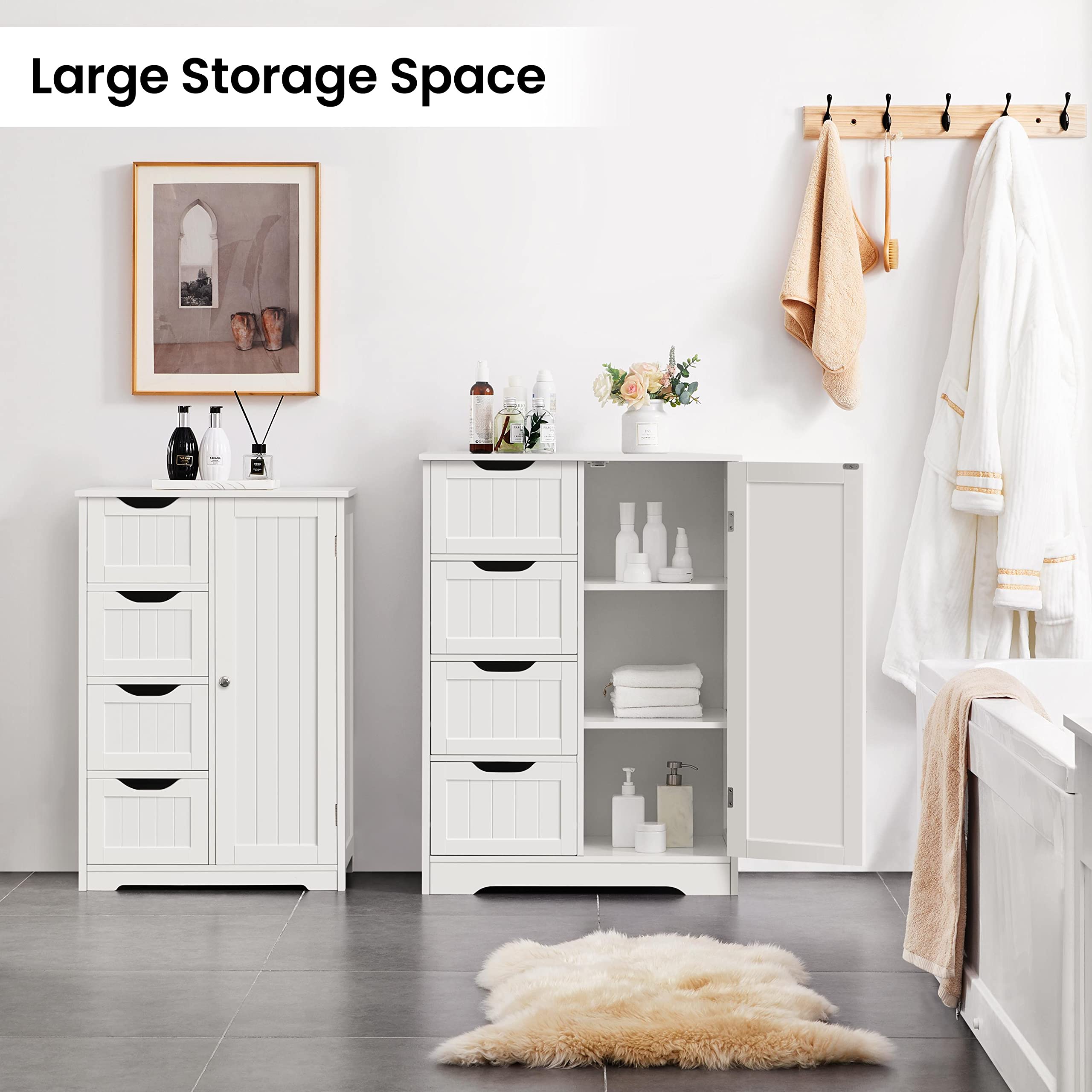 Topeakmart White Freestanding Bathroom Storage Cabinet with 4 Drawers & Door - Organize Living Room, Hallway, or Bedroom - Space-Saving Floor Cabinet for Towels, Toiletries & Home Essentials