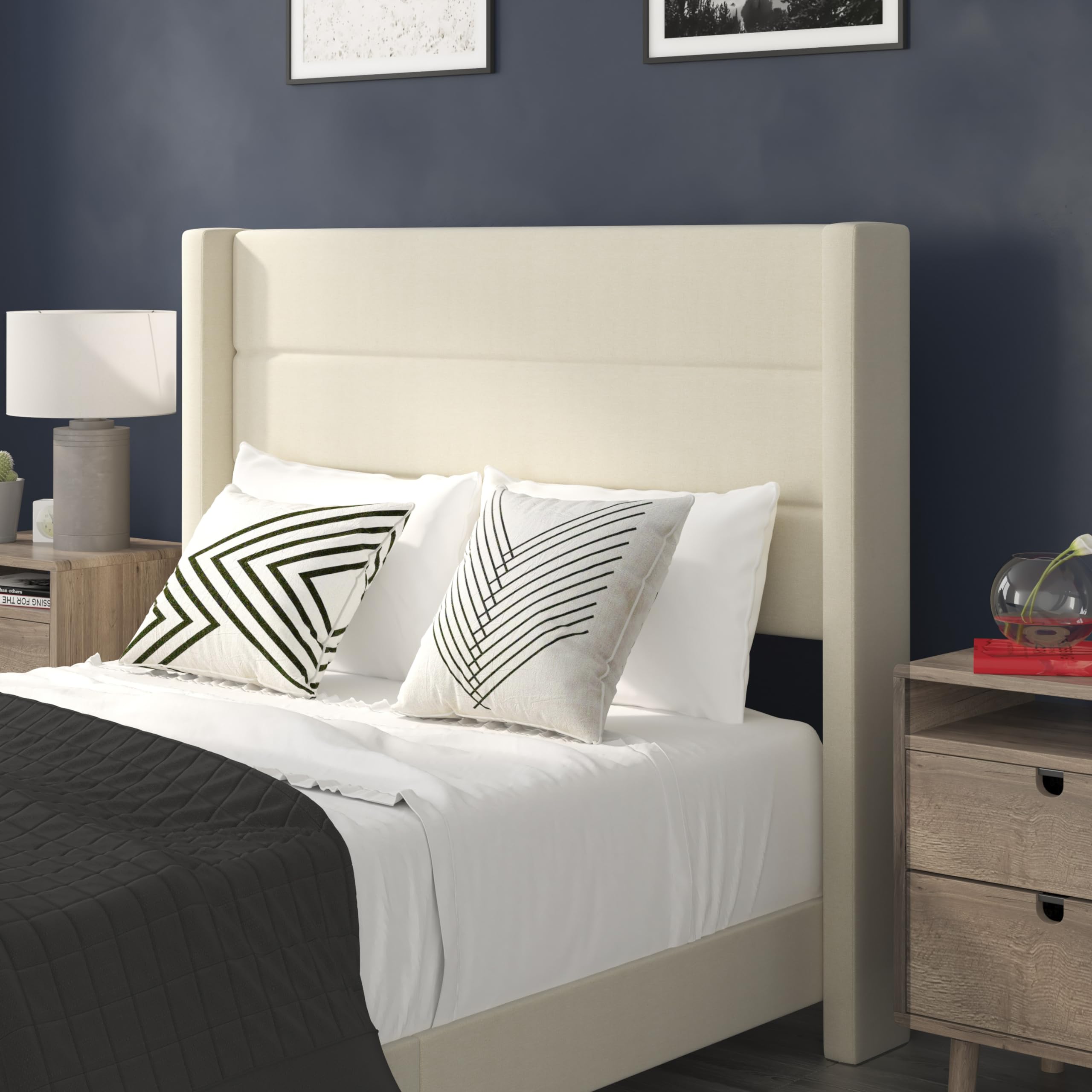 Quinn Upholstered Platform Bed Frame - Full Size with Beige Faux Linen Wingback Headboard & Slatted Mattress Support - No Box Spring Needed - Perfect for Modern Bedrooms & Guest Rooms