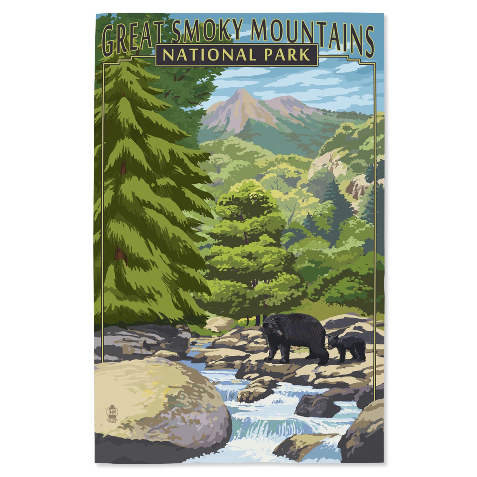 Lantern Press 16x24 Inch Giclee Art Print - Great Smoky Mountains National Park Landscape with Leconte Creek & Bear Family - Premium Wall Decor for Living Room, Bedroom or Office
